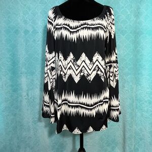 VOLL Retro 70s Geometric Peasant Blouse Off Shoulder Bell Sleeve Tunic Large